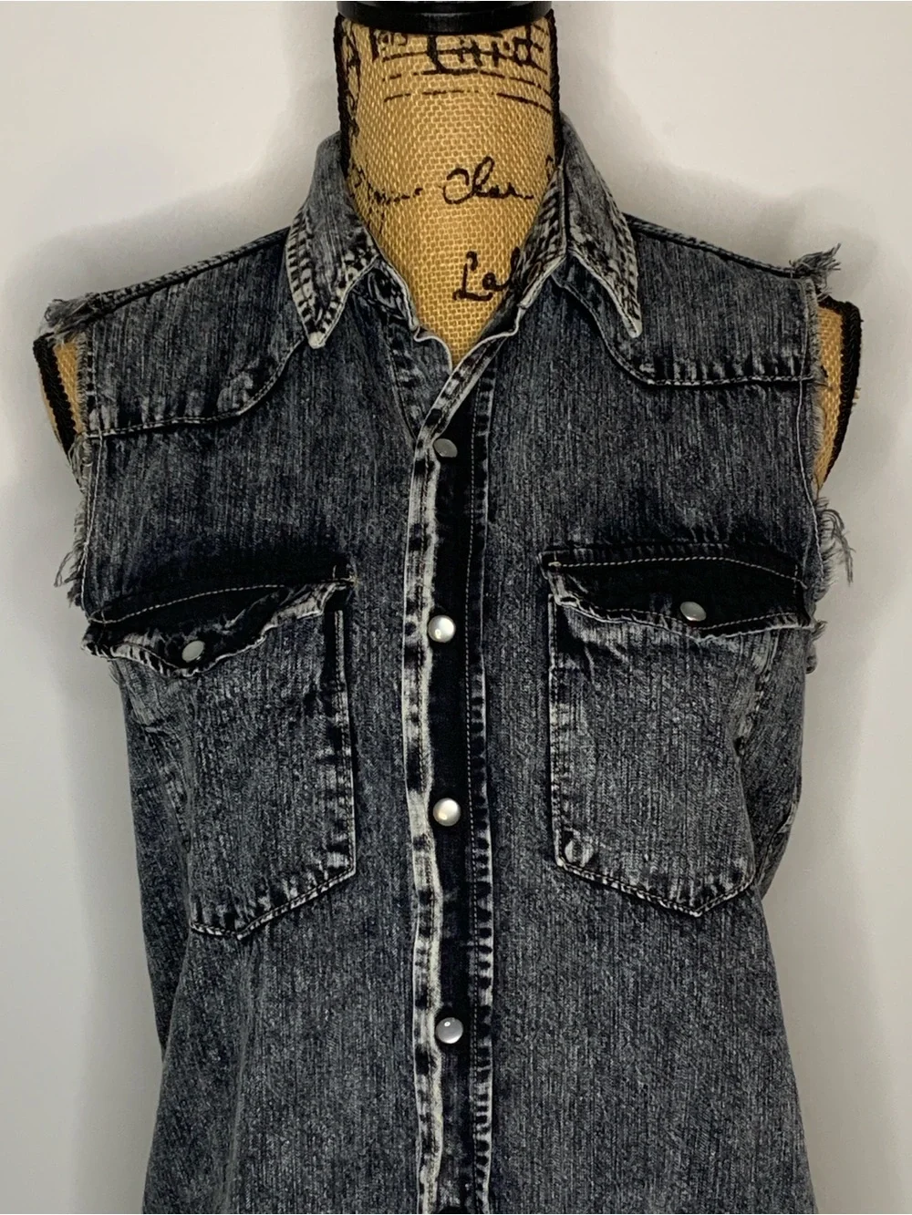 Carmar Black Acid Wash Distressed Denim Button-up Sleeveless Vest